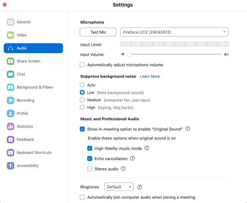 A picture of Zoom's audio settings, with the following boxes checked: "low" for suppress background noise, "show in-meeting option to enable "original sound"; "high fidelity music mode" and "echo cancellation."
